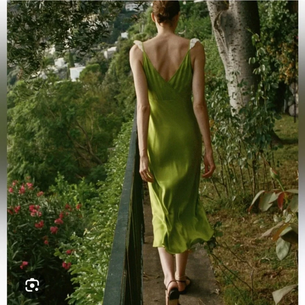 DOEN Claire Dress Silk Chartreuse Green Midi Maxi Slipdress XS Babydoll Retro - Picture 4 of 15